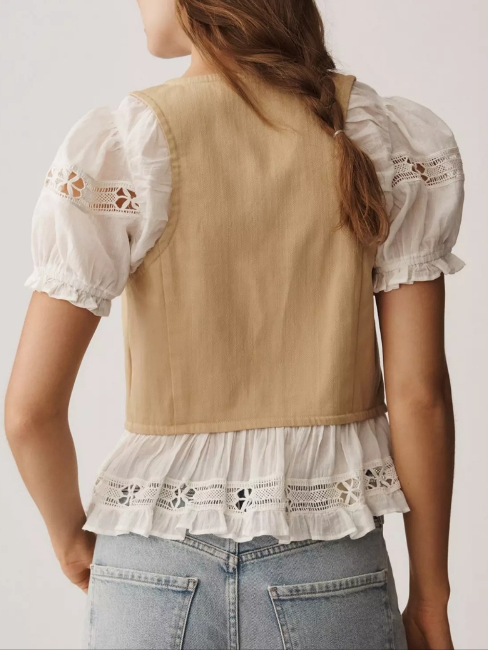 Anthropologie Plus Beige Button-Front Cotton Vest with Ruffle Hem - Picture 2 of 4